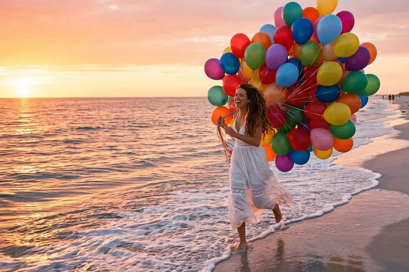 Beautiful woman in white flowing dress running along the edge of water at a beach during golden hour carrying hundreds of colorful balloons