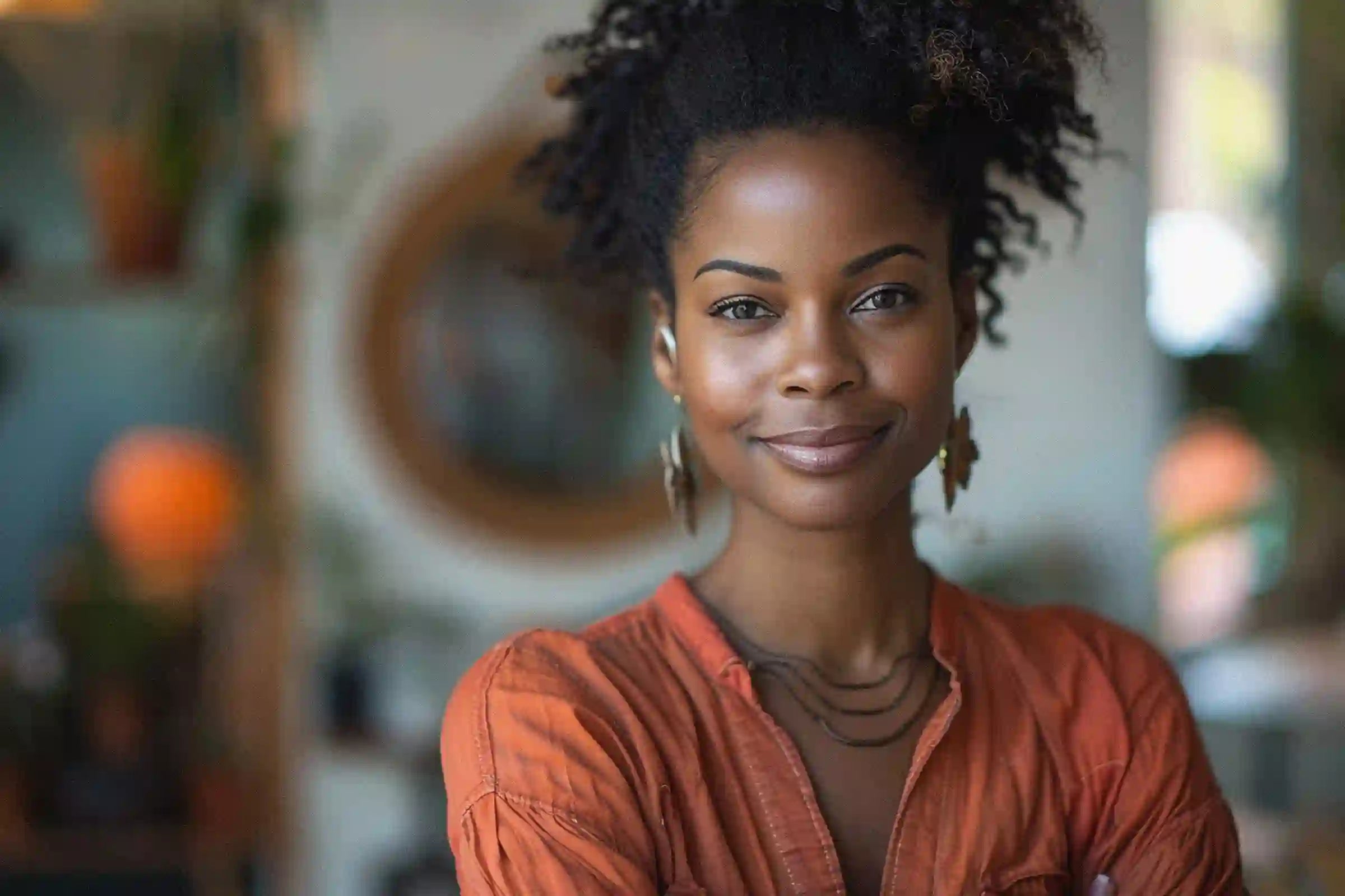 Cute African American woman with a warm smile and rust colored blouse looking into camera